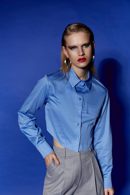 Poplin Mavi Crop Gömlek