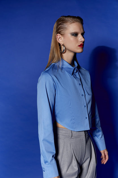 Poplin Mavi Crop Gömlek