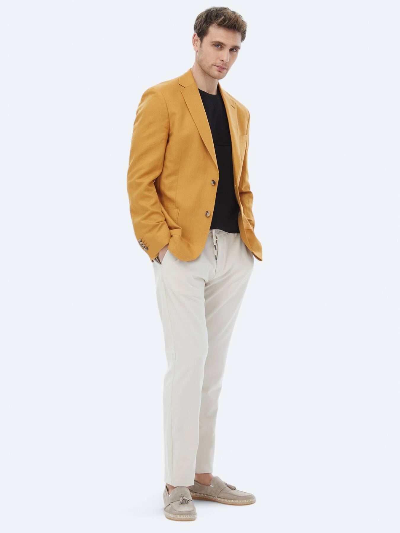 Safran Düz Modern Fit Keten Karışımlı Ceket