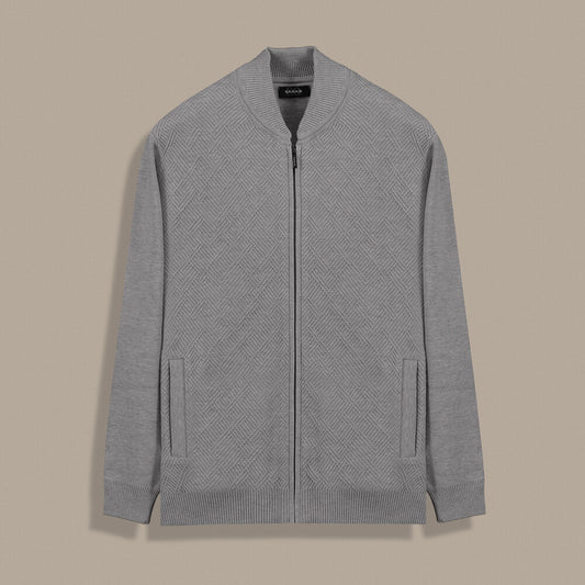 Desenli Fermuarlı Gri Hırka