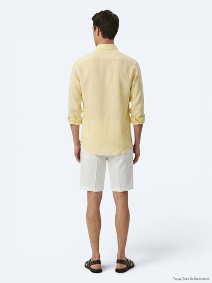 Sarı Regular Fit Uzun Dokuma Casual Pamuk Karışımlı Gömlek