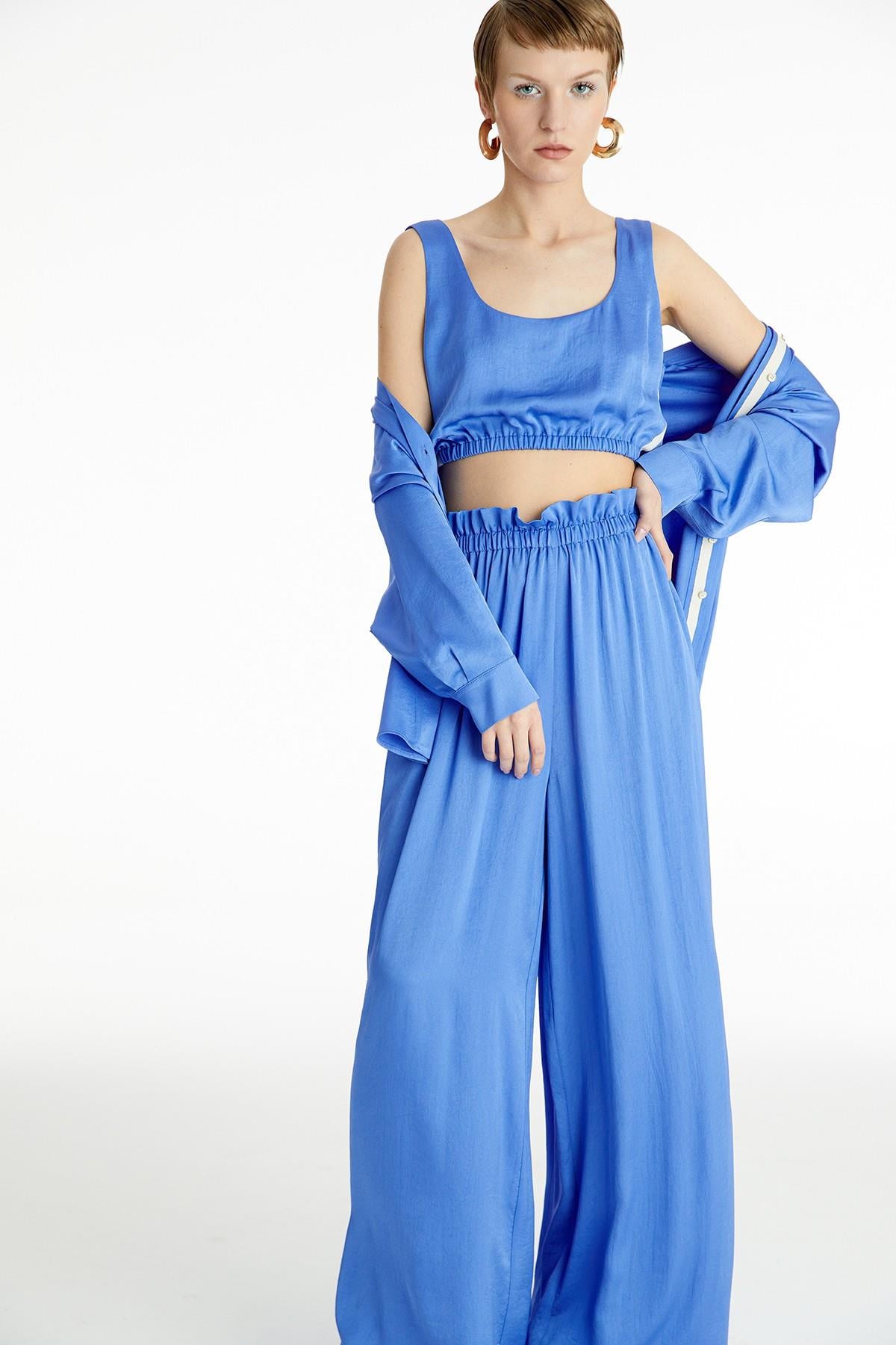Saten Mavi Oversize Gömlek