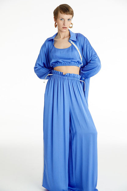 Saten Mavi Oversize Gömlek