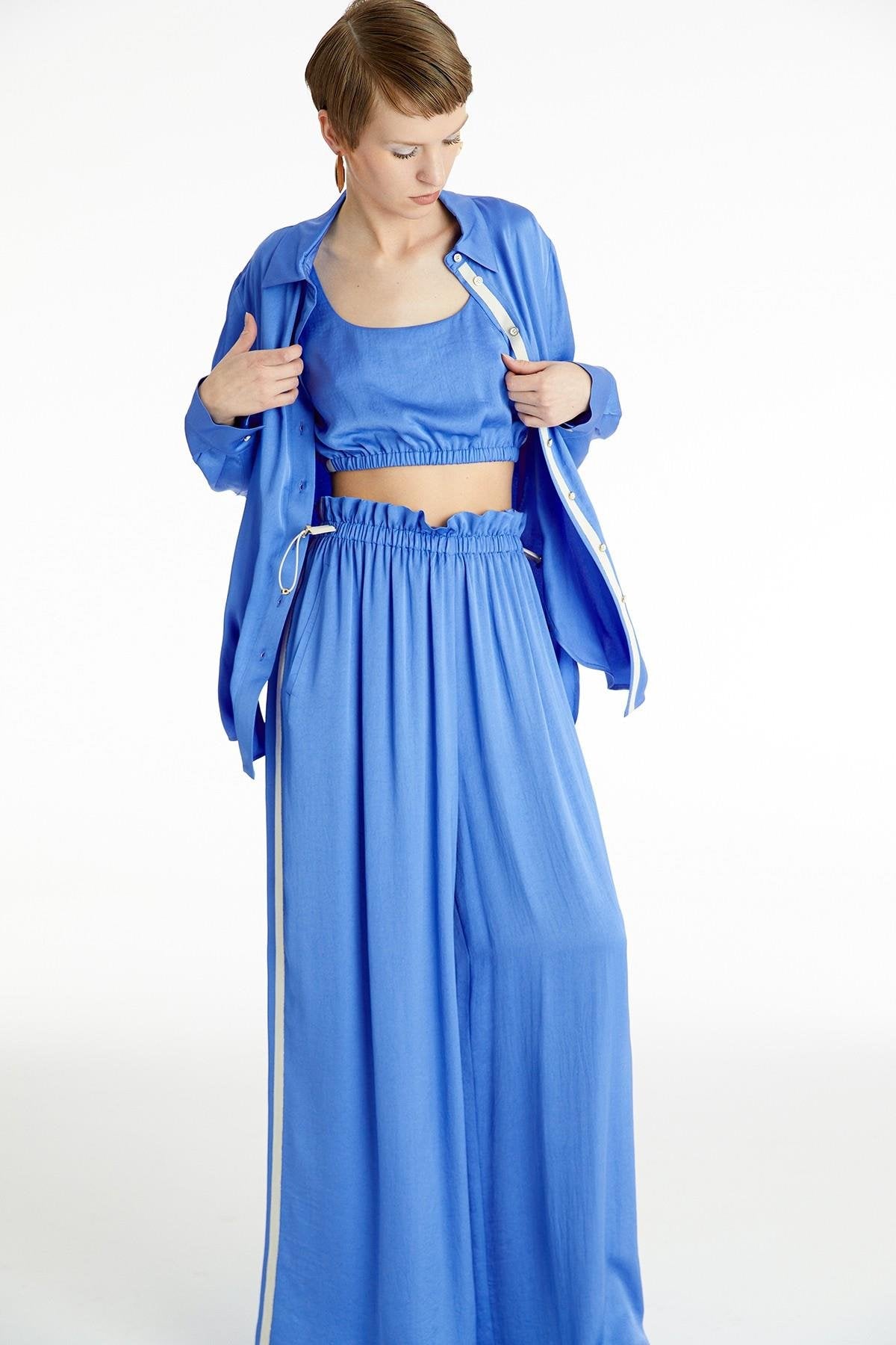 Saten Mavi Oversize Gömlek