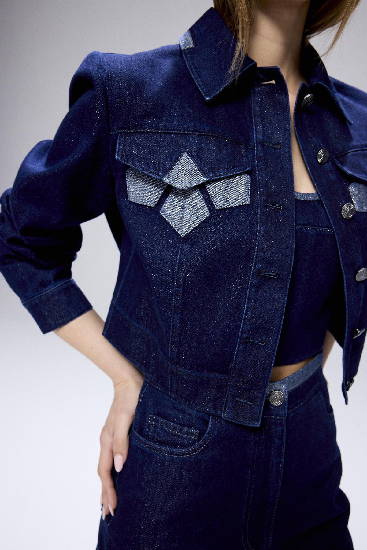 Sim Detaylı Denim Lacivert Crop Ceket