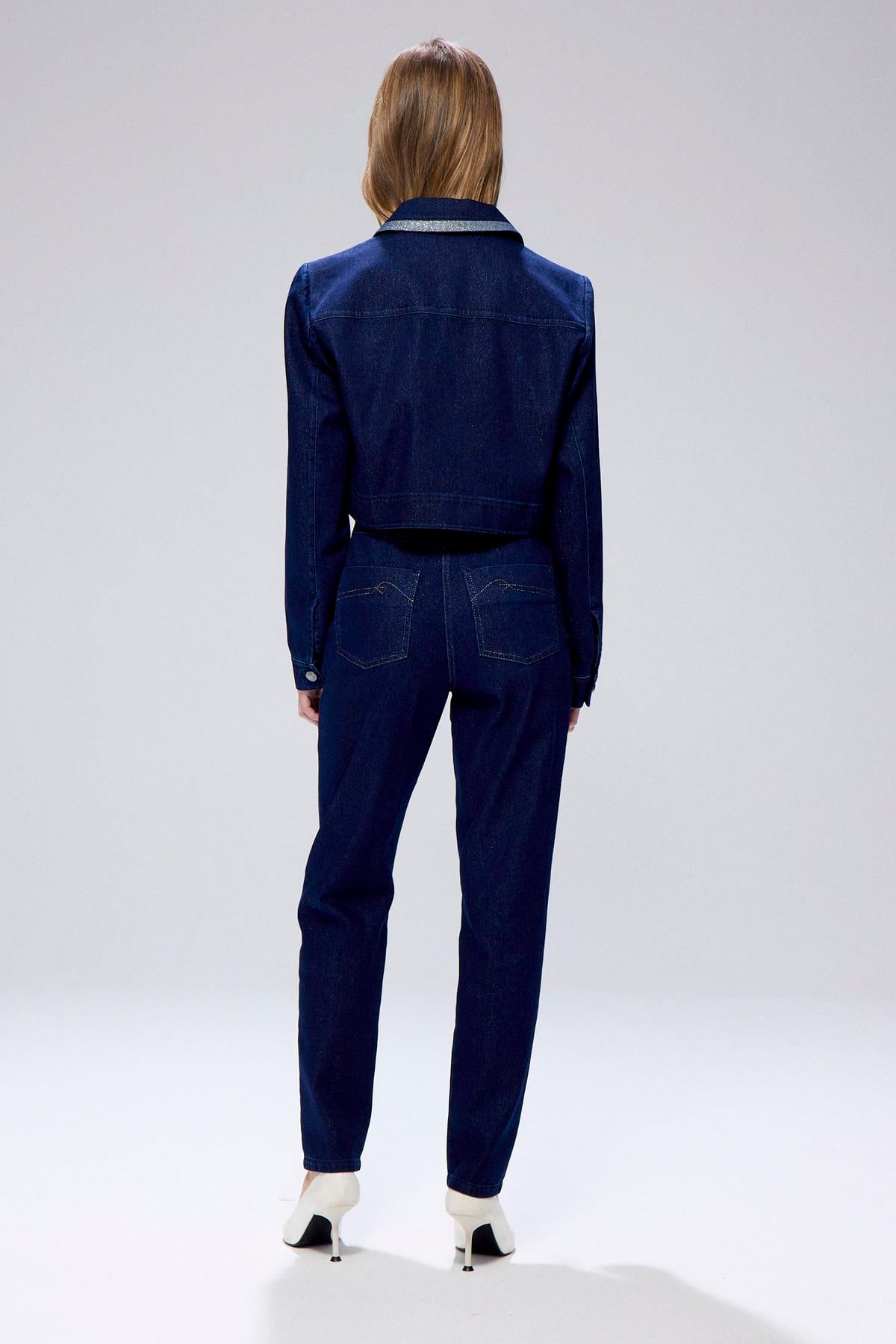 Sim Detaylı Denim Lacivert Crop Ceket