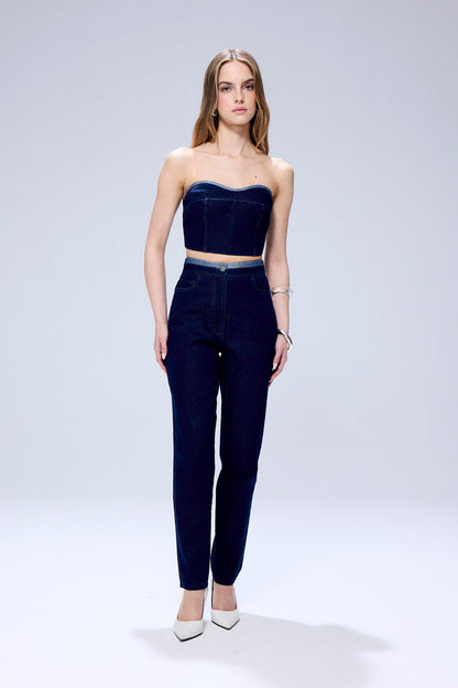 Sim Detaylı Straplez Lacivert Denim Büstiyer