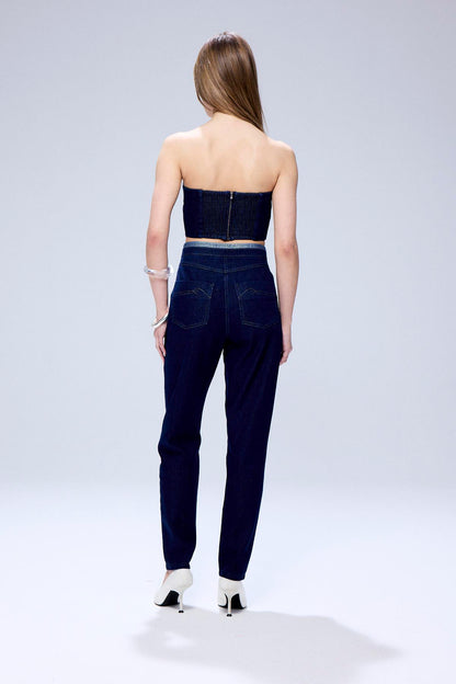 Sim Detaylı Straplez Lacivert Denim Büstiyer