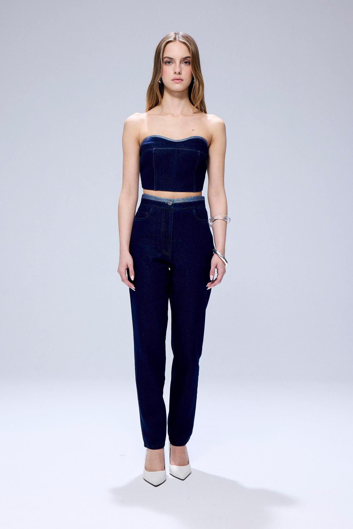 Sim Detaylı Straplez Lacivert Denim Büstiyer