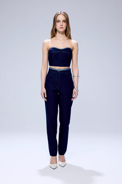 Sim Detaylı Straplez Lacivert Denim Büstiyer