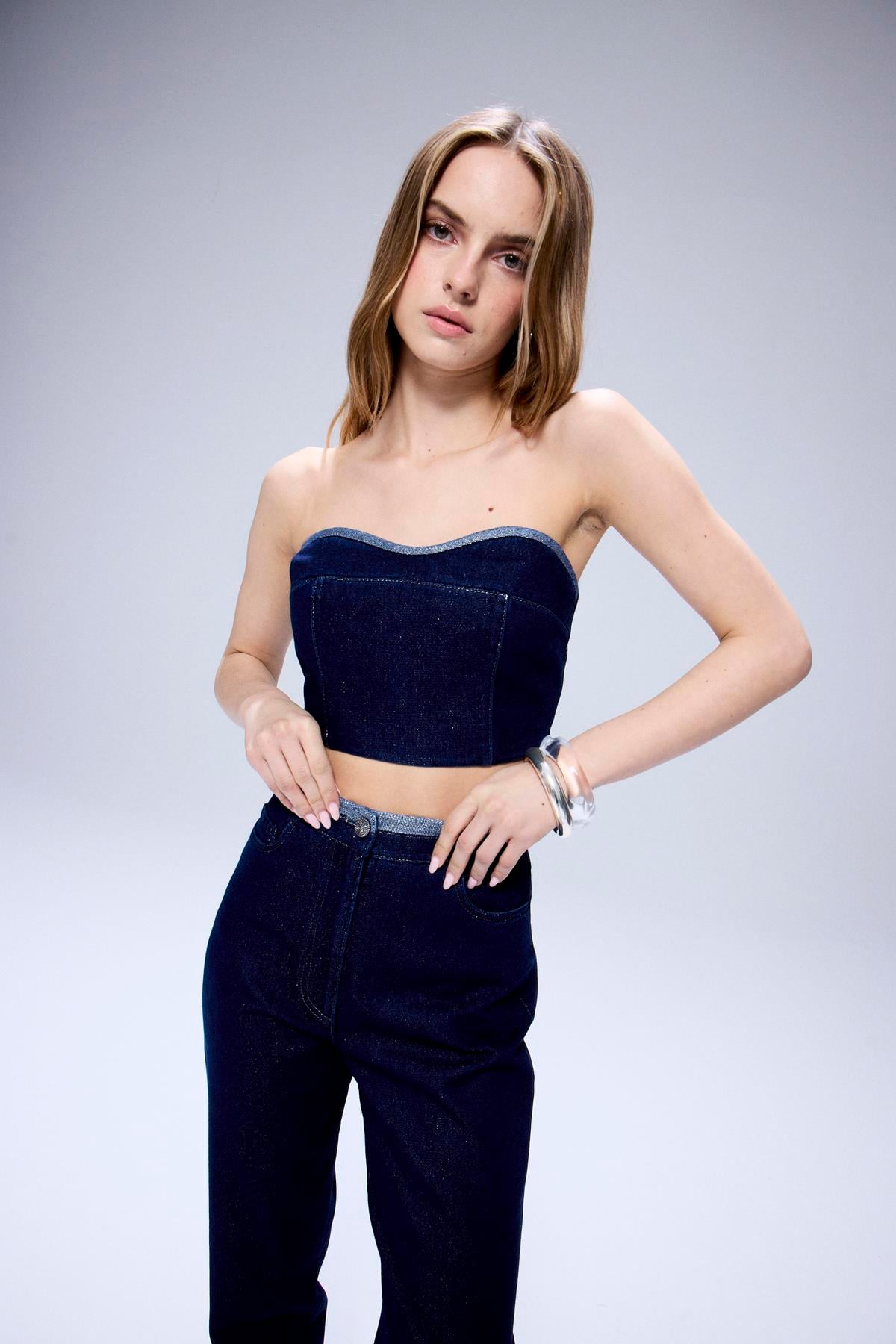 Sim Detaylı Straplez Lacivert Denim Büstiyer