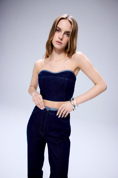 Sim Detaylı Straplez Lacivert Denim Büstiyer