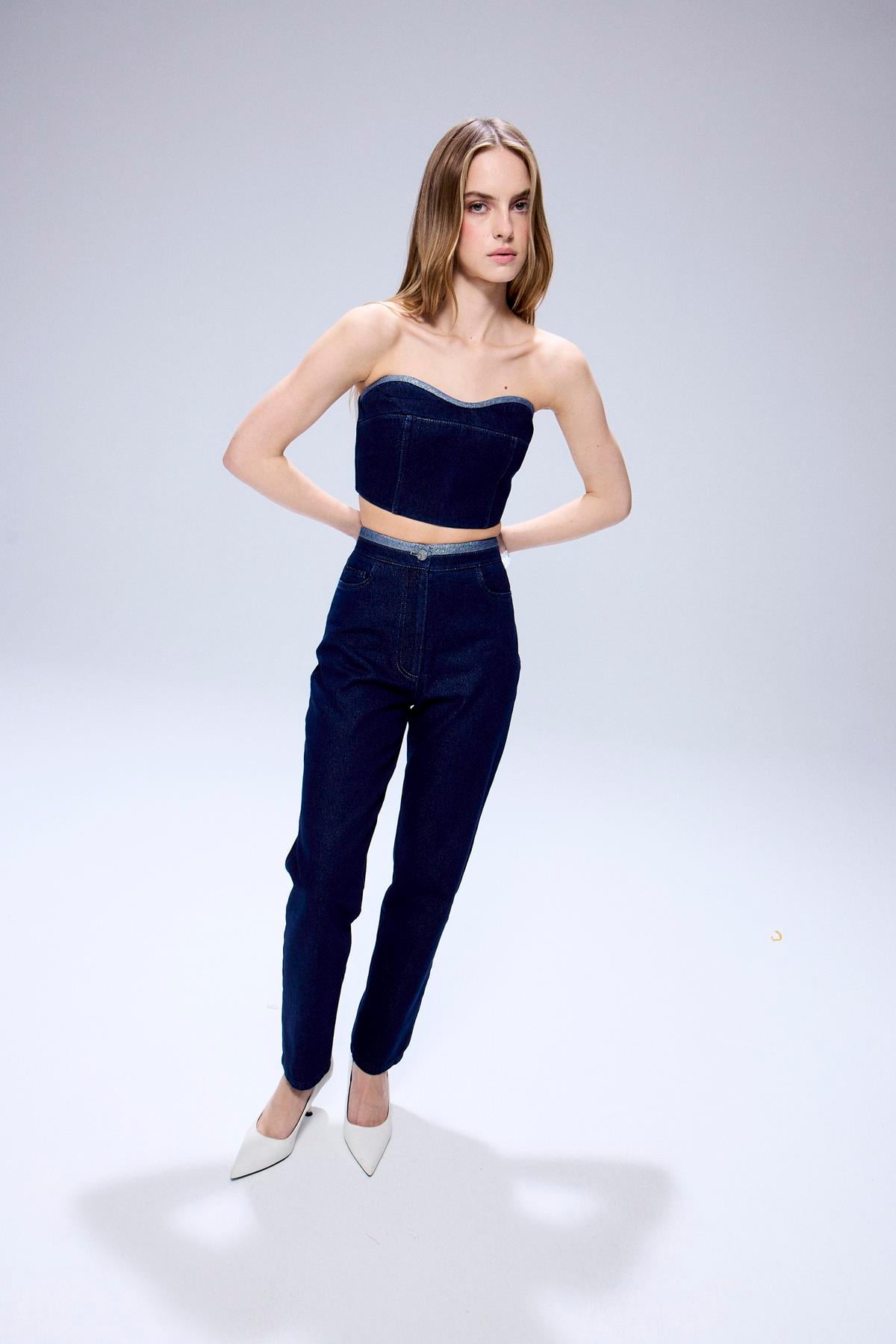 Sim Dikiş Detaylı Lacivert Denim Pantolon