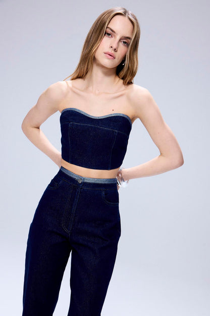 Sim Dikiş Detaylı Lacivert Denim Pantolon