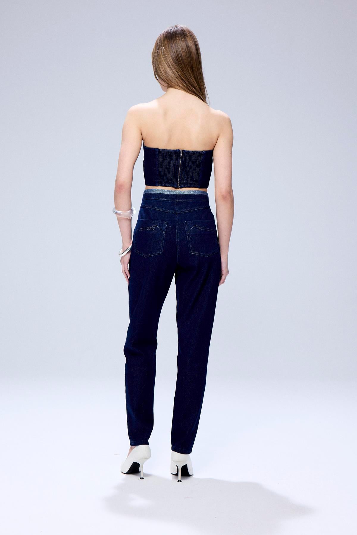 Sim Dikiş Detaylı Lacivert Denim Pantolon
