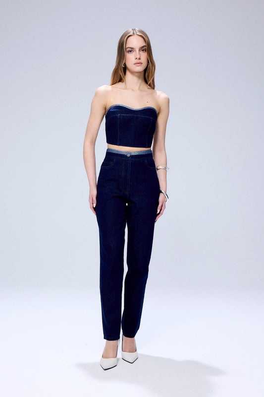 Sim Dikiş Detaylı Lacivert Denim Pantolon