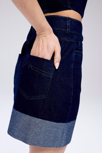 Sim Dikişli Mini Lacivert Denim Etek