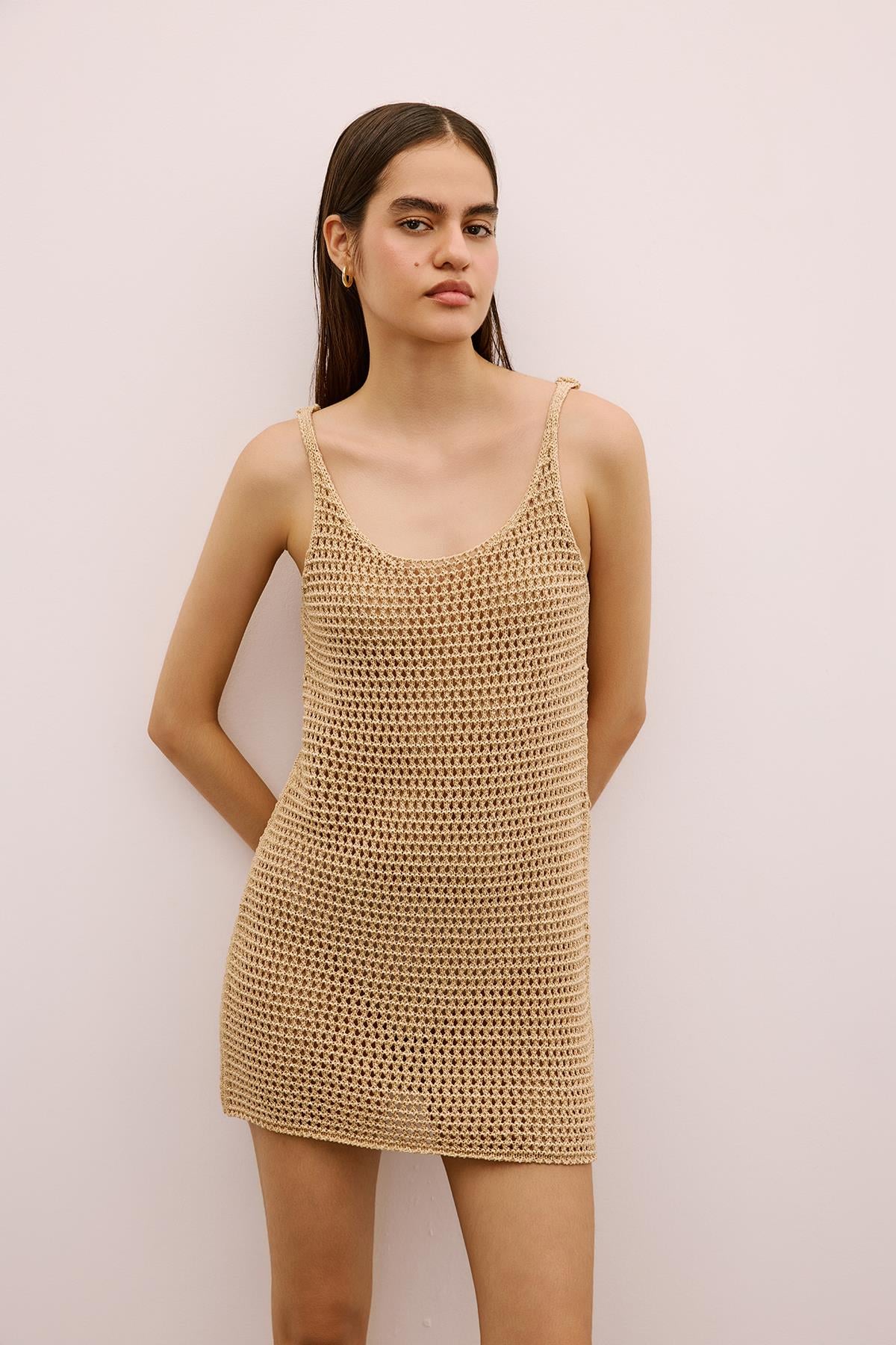 Sim Dokulu Askılı Mini Camel Elbise