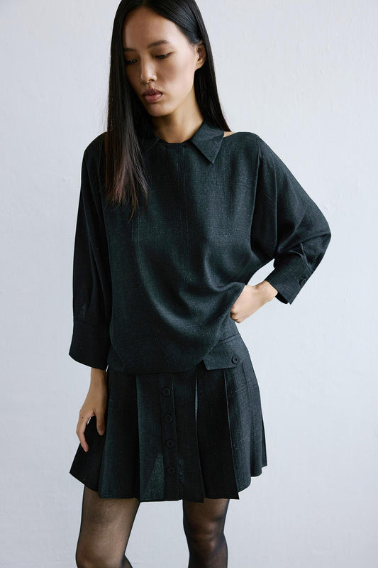 Sim Ekoseli Sırt Dekolte Detaylı Siyah Bluz