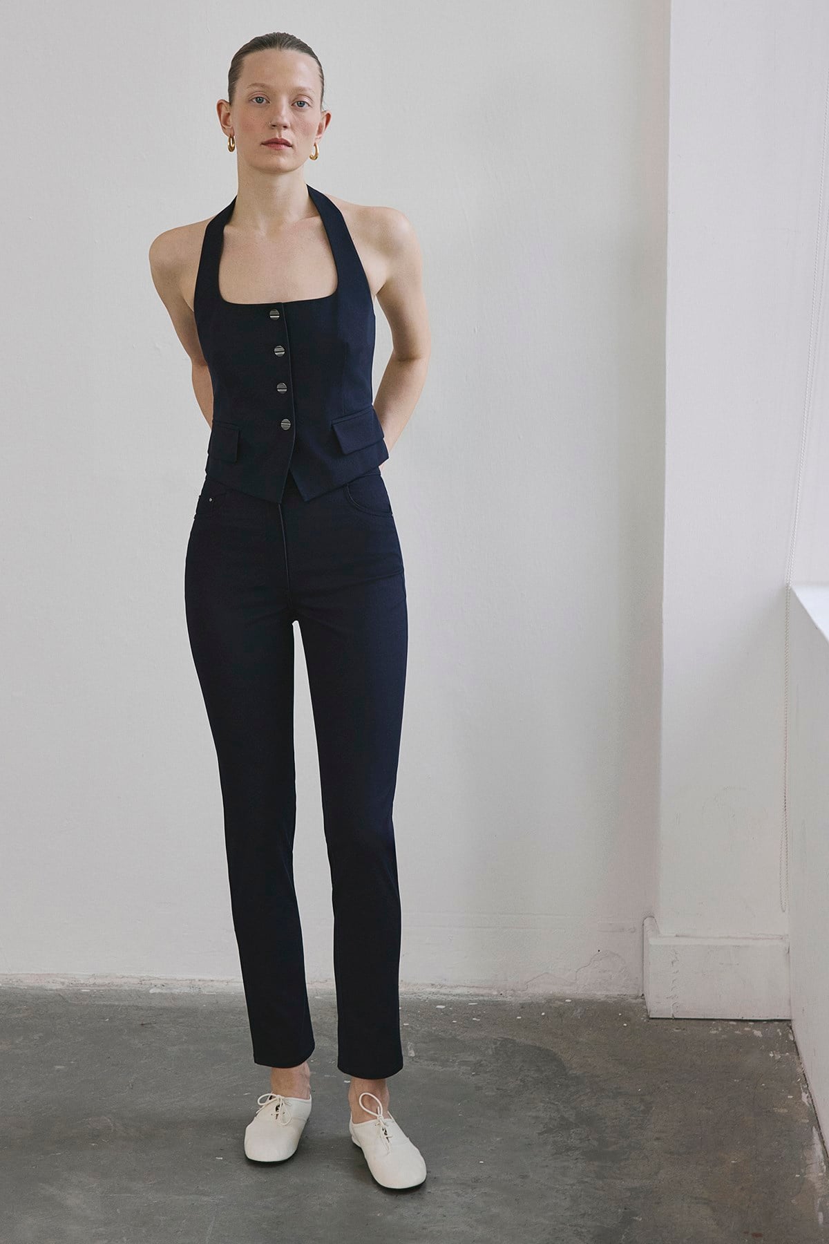 Sırt Dekolteli Denim Dokulu Crop Lacivert Büstiyer