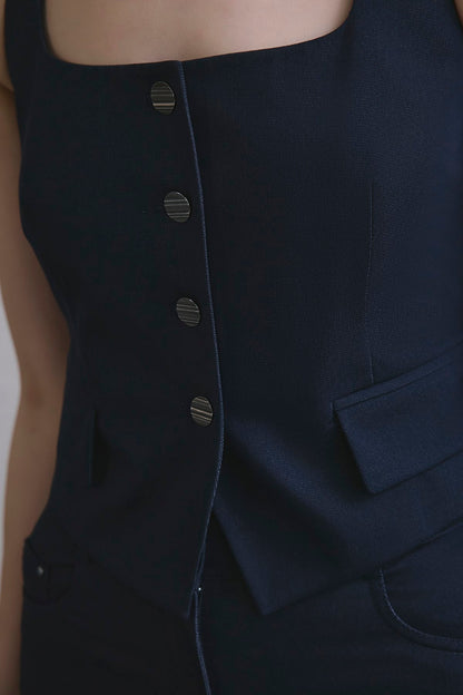 Sırt Dekolteli Denim Dokulu Crop Lacivert Büstiyer