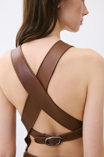 Sırt Dekolteli Kahve Midi Deri Elbise