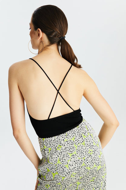 Siyah Askılı Triko Crop Top