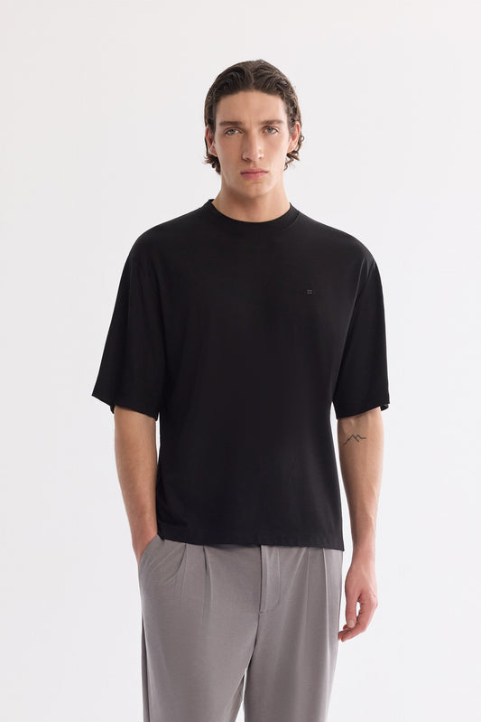 Siyah Bisiklet Yaka Oversize Rayon T-shirt