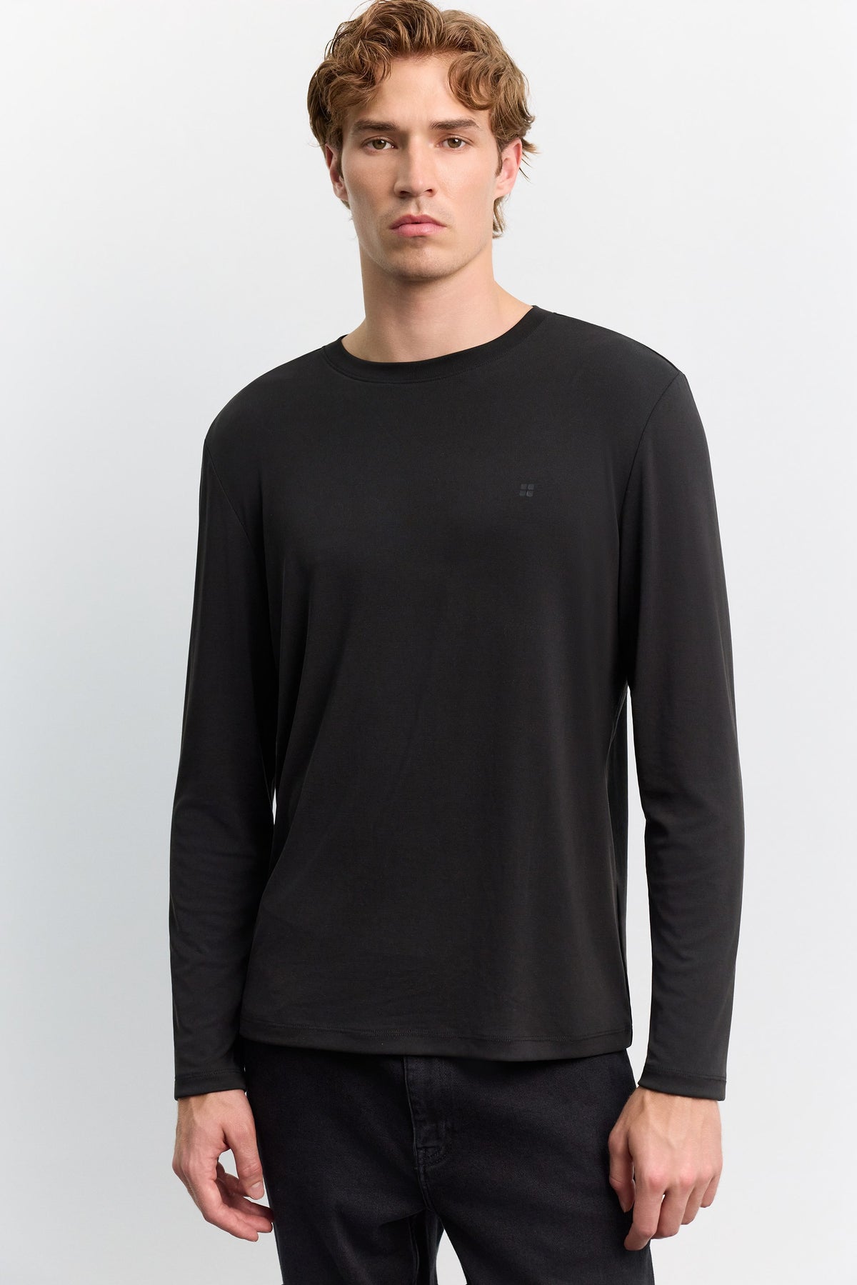Siyah Bisiklet Yaka Uzun Kol Basic Modal T-shirt