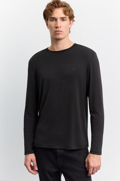 Siyah Bisiklet Yaka Uzun Kol Basic Modal T-shirt