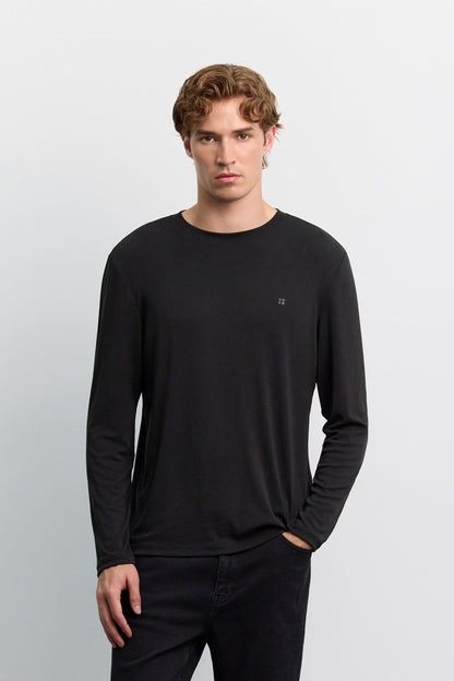 Siyah Bisiklet Yaka Uzun Kol Basic Modal T-shirt