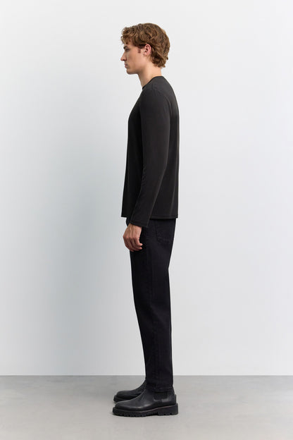 Siyah Bisiklet Yaka Uzun Kol Basic Modal T-shirt
