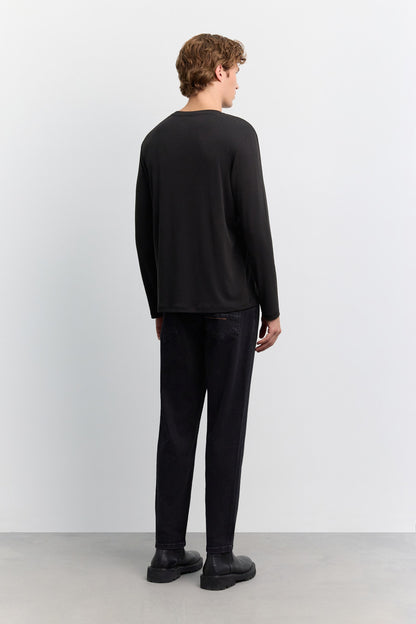 Siyah Bisiklet Yaka Uzun Kol Basic Modal T-shirt