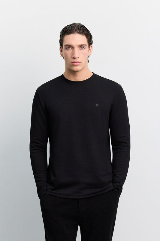 Siyah Bisiklet Yaka Viskon Karışımlı Bi-stretch Basic Sweatshirt