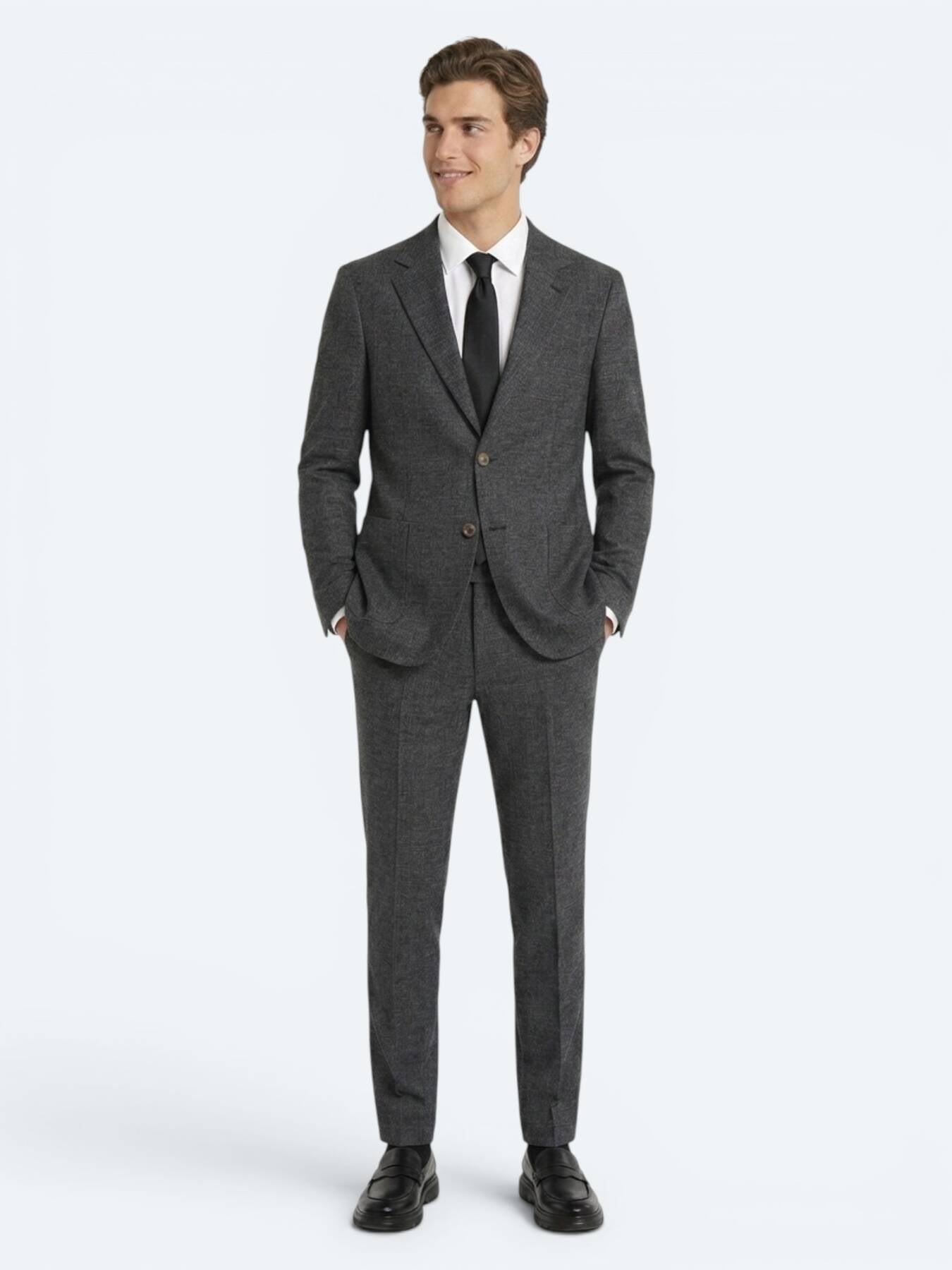 Siyah Desenli Modern Fit Keten Karışımlı Takım Elbise