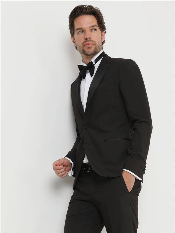 Siyah Desenli Slim Fit Kruvaze Yaka Dokuma Smokin Takım Elbise