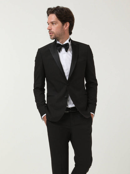 Siyah Desenli Slim Fit Kruvaze Yaka Dokuma Smokin Takım Elbise