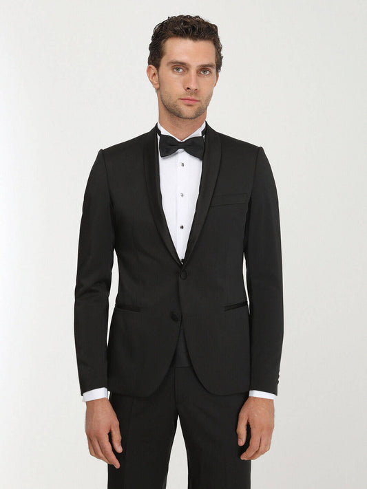 Siyah Desenli Slim Fit Şal Yaka Dokuma Smokin Takım Elbise
