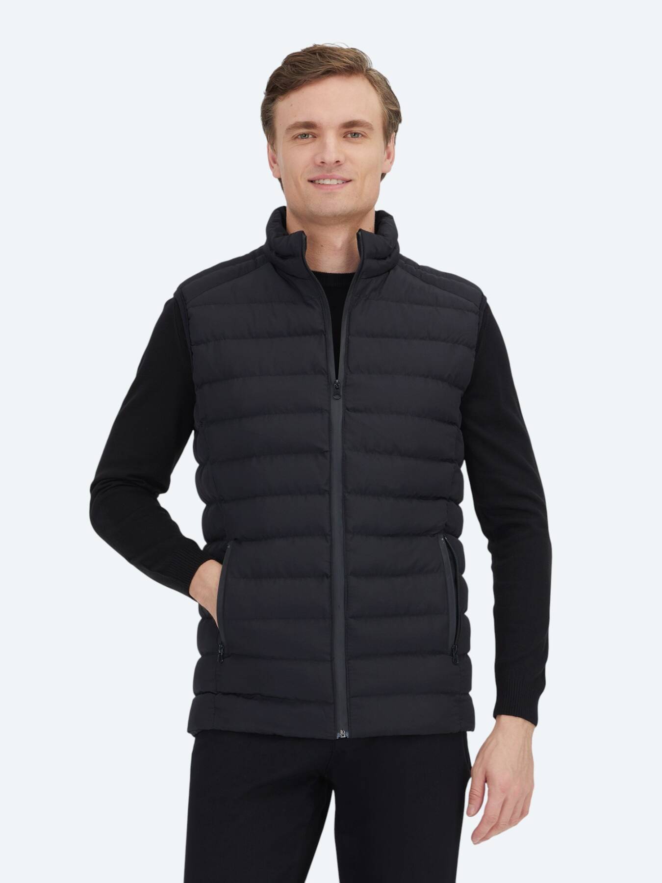 Siyah Dik Yaka Casual Dokuma Spor Yelek