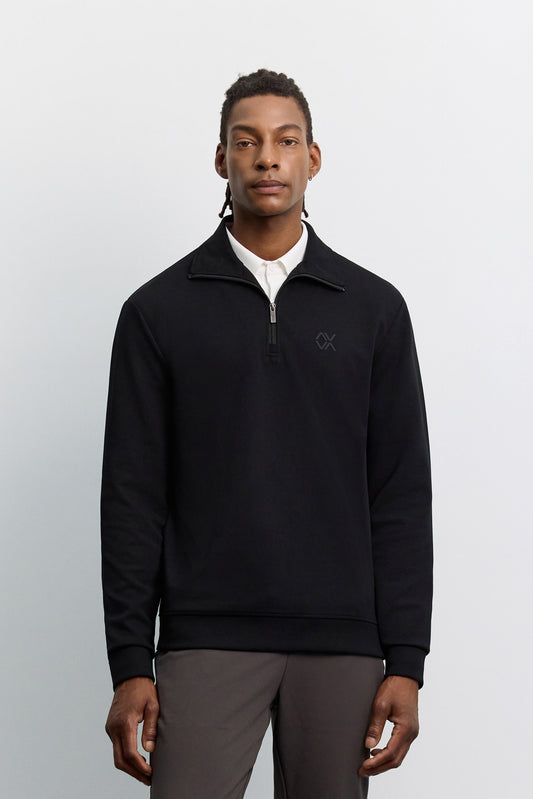 Siyah Dik Yaka Fermuarlı Baskılı Kolay Ütülenen Interlok Sweatshirt