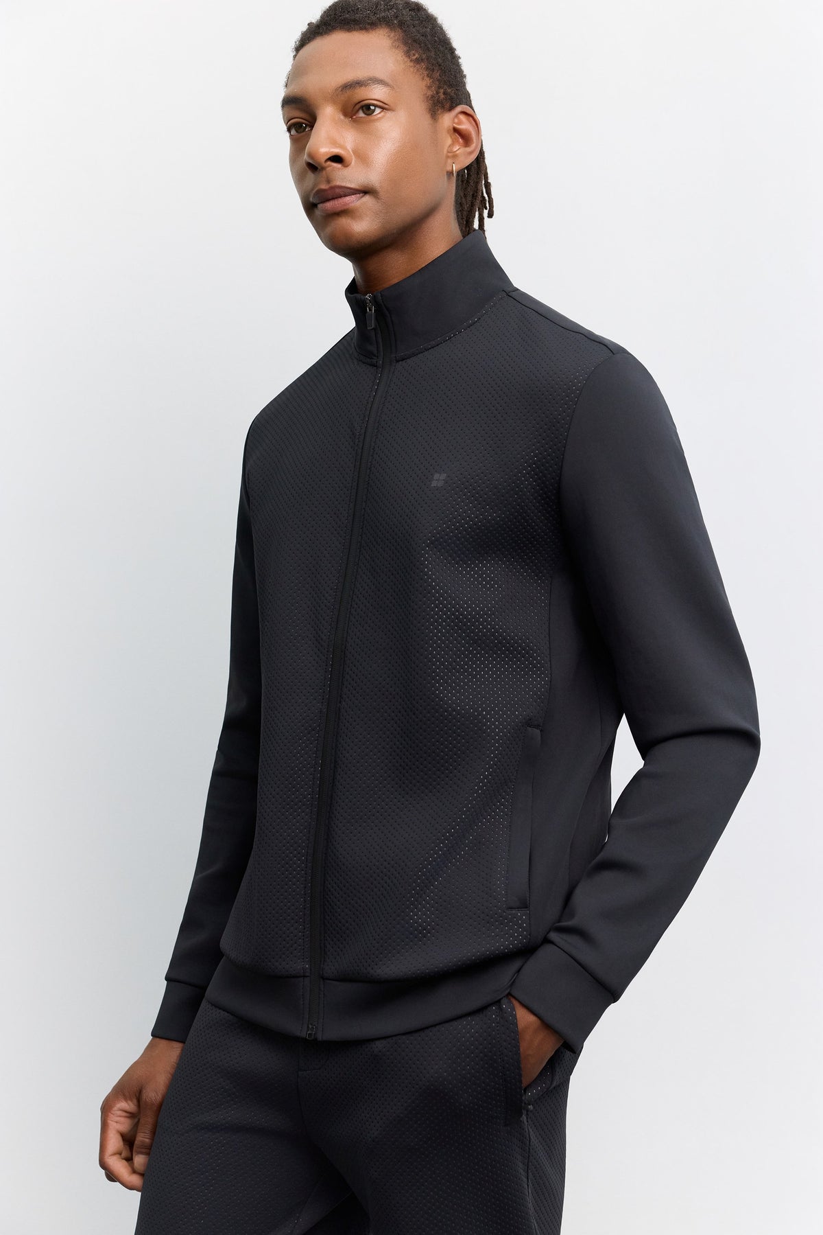 Siyah Dik Yaka Fermuarlı Ön Panel File Detaylı Yandan Cepli Teknik Sweatshirt