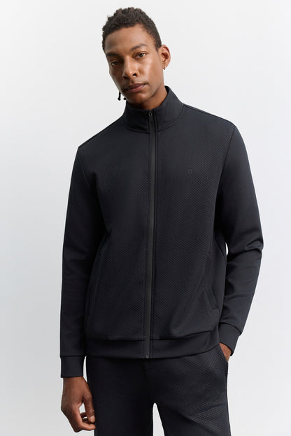 Siyah Dik Yaka Fermuarlı Ön Panel File Detaylı Yandan Cepli Teknik Sweatshirt