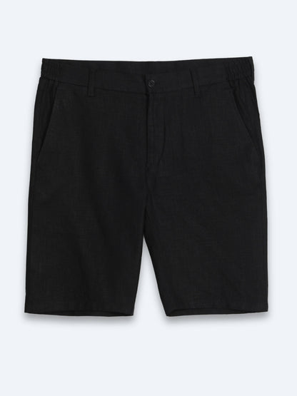 Siyah Düz Dokuma Jogging Fit Casual Pamuk Karışımlı Bermuda