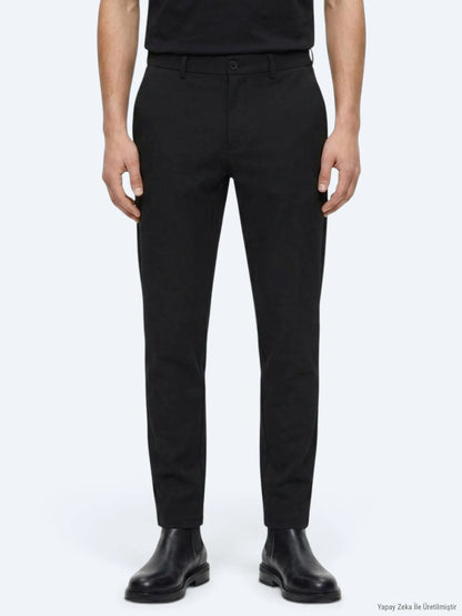 Siyah Düz Dokuma Jogging Fit Casual Pamuk Karışımlı Pantolon
