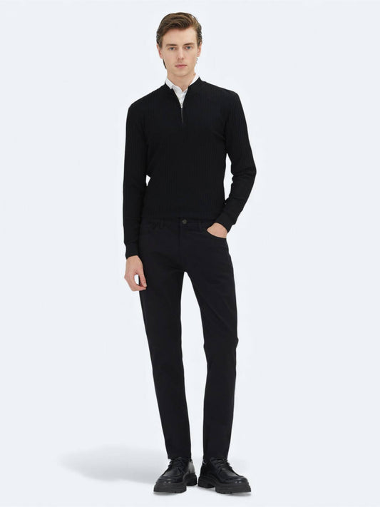 Siyah Düz Dokuma Slim Fit Casual Pamuk Karışımlı Pantolon