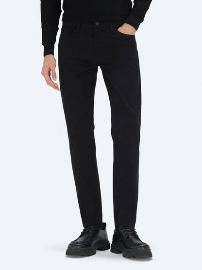 Siyah Düz Dokuma Slim Fit Casual Pamuk Karışımlı Pantolon