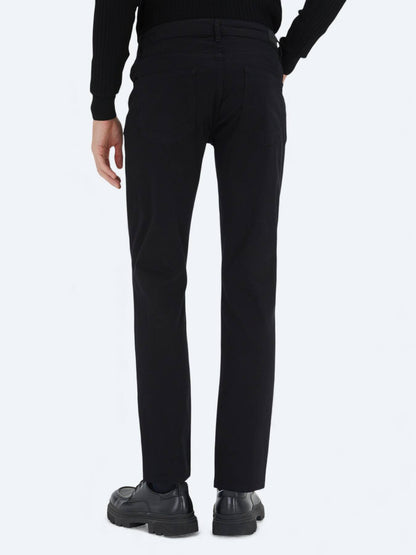 Siyah Düz Dokuma Slim Fit Casual Pamuk Karışımlı Pantolon