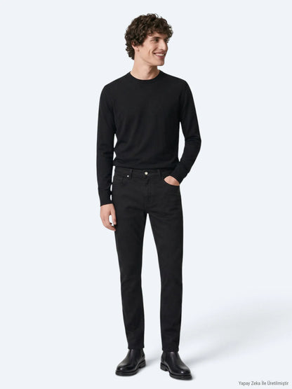 Siyah Düz Dokuma Slim Fit Spor Pamuk Karışımlı Pantolon