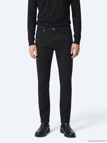 Siyah Düz Dokuma Slim Fit Spor Pamuk Karışımlı Pantolon