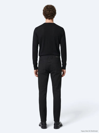 Siyah Düz Dokuma Slim Fit Spor Pamuk Karışımlı Pantolon